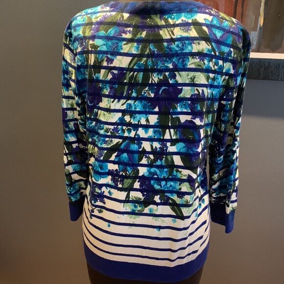 Talbots blue/white stripe floral pattern overlay cardigan sweater. - Picture 5 of 7